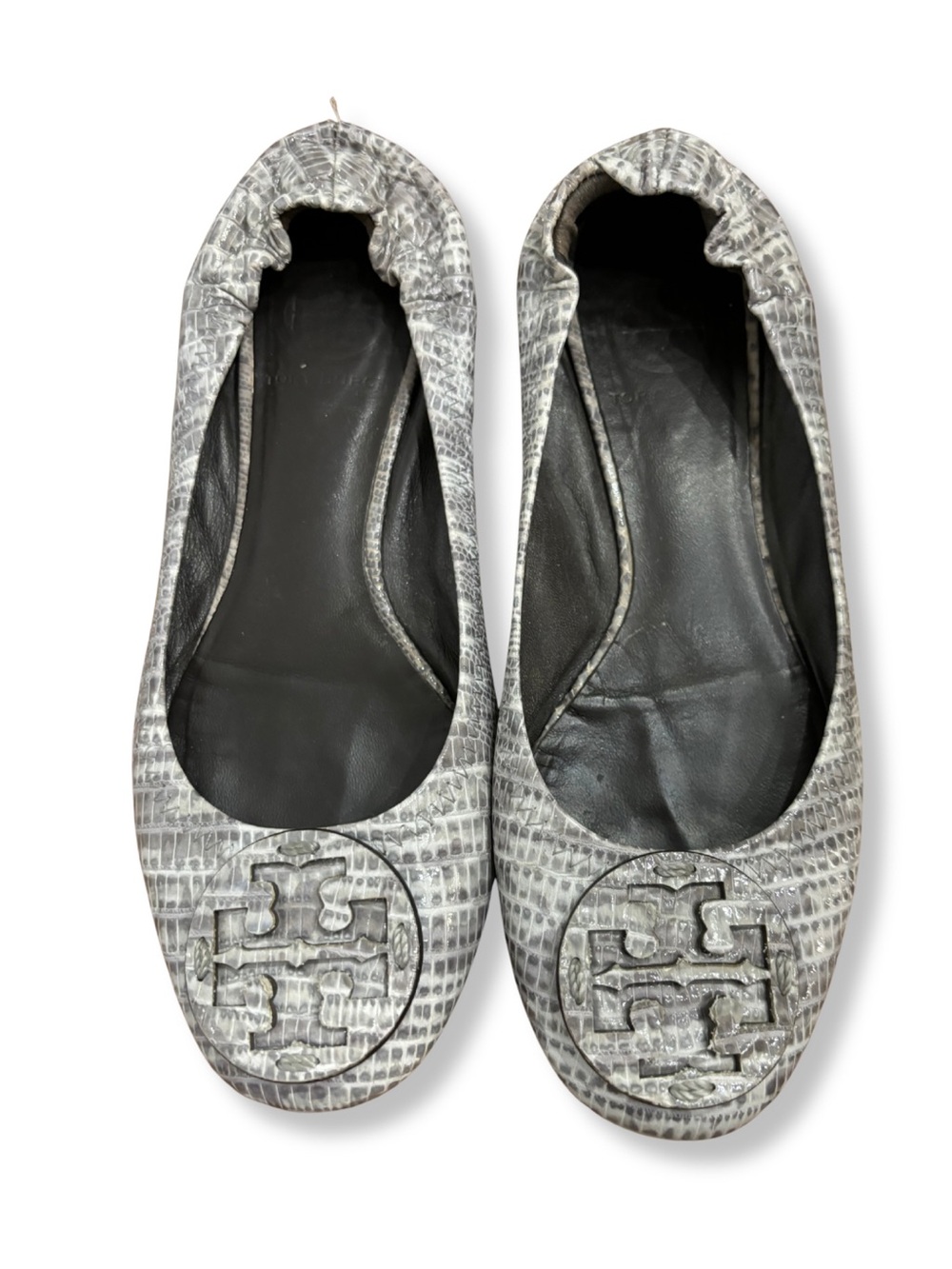 Tory Burch Reva Ballet Flats Gray Snakeskin Print Leather Flats